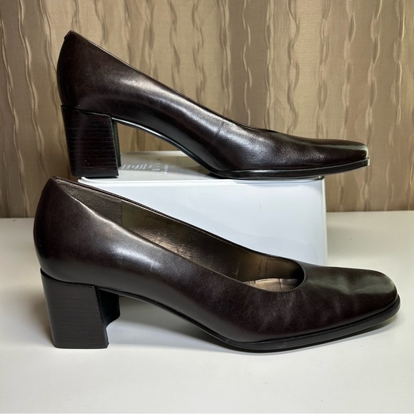 Enzo Angiolini Shoes - Enzo Angiolini Dark Brown Leather Block Heel Pumps